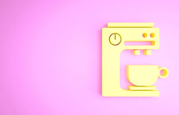 Icona macchina caffè giallo isolato su sfondo rosa. Concetto minimalista. Illustrazione 3d rendering 3D — Foto Stock