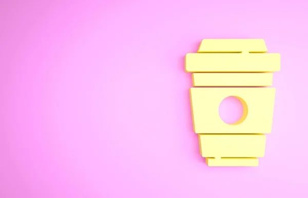 Yellow Coffee cup to go icoon geïsoleerd op roze achtergrond. Minimalisme concept. 3d illustratie 3D renderen — Stockfoto
