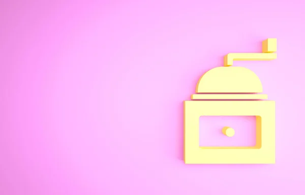 Amarelo Manual ícone moedor de café isolado no fundo rosa. Conceito de minimalismo. 3D ilustração 3D render — Fotografia de Stock