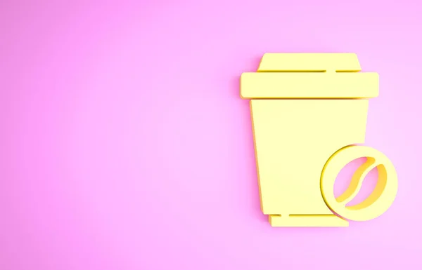 Žlutý šálek kávy jít ikona izolované na růžovém pozadí. Minimalismus. 3D ilustrace 3D vykreslení — Stock fotografie