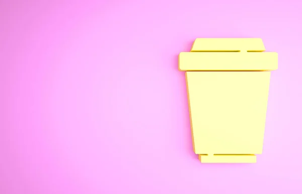 Yellow Coffee cup to go icon isolated on pink background. Minimalism concept. 3d illustration 3D render — Stock Photo, Image