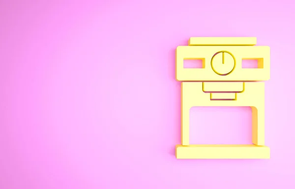노란 커피 머신 아이콘은 핑크 배경에 분리되어 있습니다. 미니멀리즘의 개념입니다. 3d 삽화 3D 렌더링 — 스톡 사진