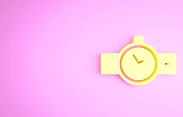 Ícone de relógio de pulso amarelo isolado no fundo rosa. ícone de relógio de pulso. Conceito de minimalismo. 3D ilustração 3D render — Fotografia de Stock