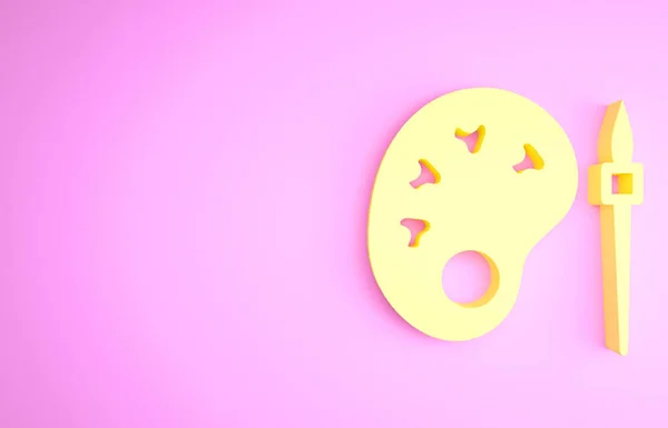 Pincel amarillo con icono de paleta aislado sobre fondo rosa. Concepto minimalista. 3D ilustración 3D render —  Fotos de Stock