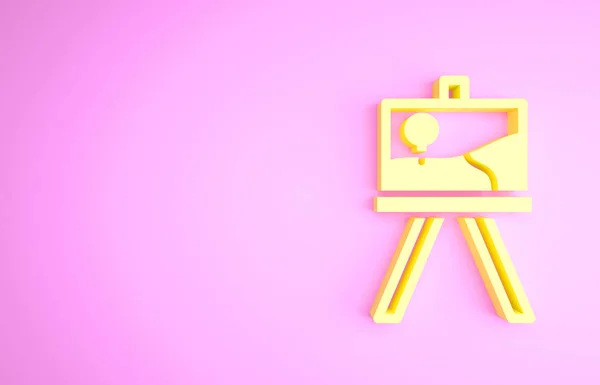 Caballete de madera amarilla o icono de tablas de arte de pintura aislado sobre fondo rosa. Concepto minimalista. 3D ilustración 3D render —  Fotos de Stock