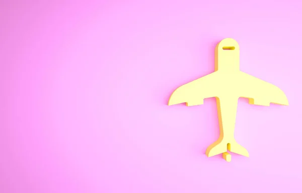 Ícone de plano amarelo isolado no fundo rosa. Ícone de avião voador. Sinal de avião. Conceito de minimalismo. 3D ilustração 3D render — Fotografia de Stock