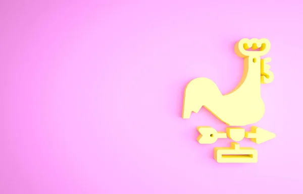 Amarelo Galo ícone de palheta tempo isolado no fundo rosa. Sinal do Weathercock. Galo Windvane. Conceito de minimalismo. 3D ilustração 3D render — Fotografia de Stock