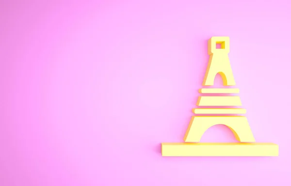 Ícone Torre Eiffel amarelo isolado sobre fundo rosa. França Paris símbolo de referência. Conceito de minimalismo. 3D ilustração 3D render — Fotografia de Stock