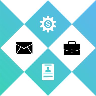 Zarf, kimlik kartı, dolar sembollü dişli ve evrak çantası simgesi. Vektör.