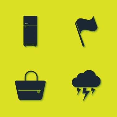 Buzdolabı, Fırtına, Çanta ve Bayrak simgesini ayarla. Vektör.