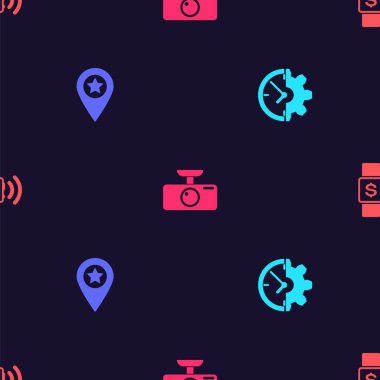 Saat ve teçhizatı ayarla, yıldızlı konum, araç DVR 'ı ve kusursuz şablona bağlanmamış ödeme. Vektör.