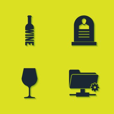 Şarap seti, FTP ayarları klasörü, şarap kadehi ve RIP yazılı simgesi olan Tombstone. Vektör.