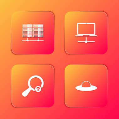 Sunucu, Data, Web Sunuculuğu, Bilgisayar Ağı, Bilinmeyen Arama ve UFO uçan uzay gemisi simgesini ayarla. Vektör.