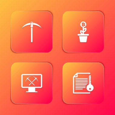 Set Kazma, Bitcoin fabrikası, monitör, kazma ve Akıllı sözleşme ikonu ile madencilik. Vektör.