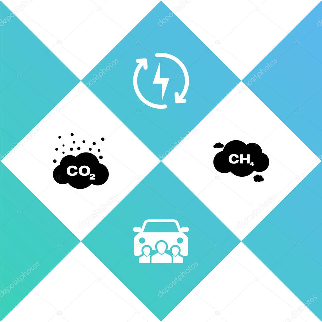 Set CO2 emissions in cloud, Car sharing, Recharging and Methane reduction icon. Vector.