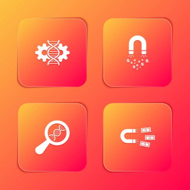 Gen düzenleme, para mıknatısı, DNA araştırması, arama ve simge ayarla. Vektör.