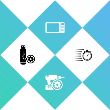 USB flash disk ayarlarını, matkap makinesini, mikrodalga fırını ve Stopwatch simgesini ayarla. Vektör.