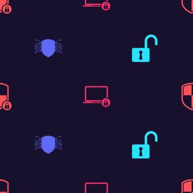 Açık asma kilit, Siber güvenlik, dizüstü bilgisayar ve kalkanı kusursuz bir şablona ayarla. Vektör.