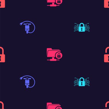 Siber güvenliği, elektrikli scooter 'ı, FTP klasörünü ve kilit kilidini kusursuz şablona ayarla. Vektör.