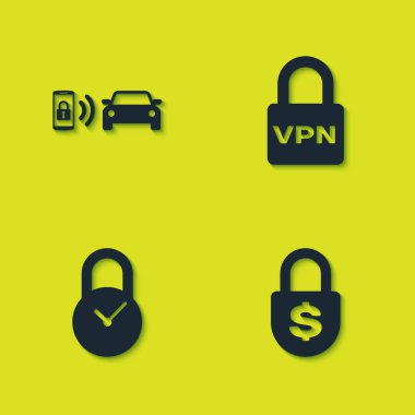 Akıllı araba alarm sistemini, Para kilidini, saatli asma kilidi ve VPN simgesini ayarla. Vektör.