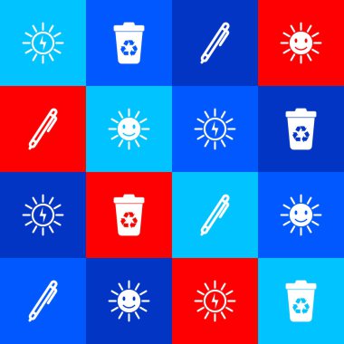 Güneş enerjisi panelini, geri dönüşümlü geri dönüşüm kutusunu, kalem ve şirin güneş gülümseme simgesini ayarla. Vektör.