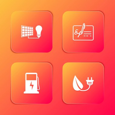 Güneş enerjisi panelini, ampulü, imzalı belgeyi, elektrikli araba şarj istasyonunu ve tapa yaprağı simgesini koru. Vektör.