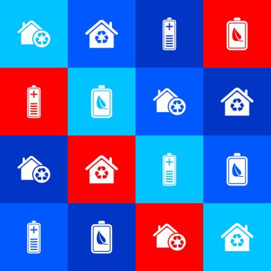 Eco House 'u geri dönüşüm, pil şarj seviyesi göstergesi ve doğa yaprağı ve pil simgesiyle ayarla. Vektör.