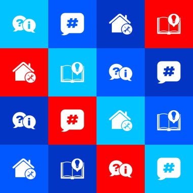 Soru ve Ünlem Ayarla, Etiket konuşma balonu, Ev Servisi ve İlginç Gerçekler simgesi. Vektör.