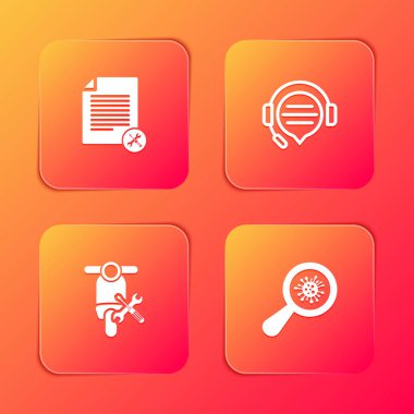 Dosya servisini, konuşma balonu sohbetli kulaklıkları, Scooter ve mikroorganizmaları büyüteç simgesi altında ayarla. Vektör.