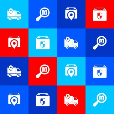 Teslimat takibini, arama paketini, mukavva kutulu konumu ve güvenlik kalkanı simgesini ayarla. Vektör.