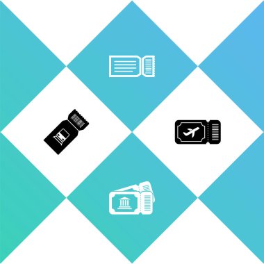 Tren bileti, müze, bilet ve havayolu ikonu. Vektör.