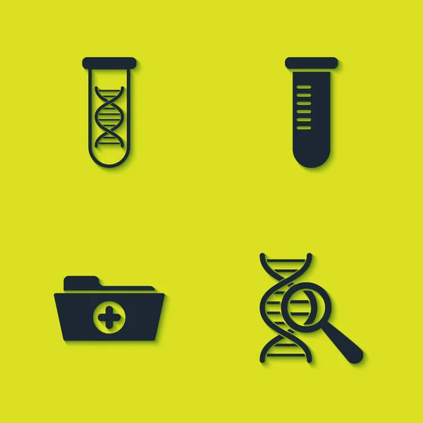 Stel Dna Onderzoek Zoeken Gezondheidsdossier Test Buis Kolf Pictogram Vector — Stockvector