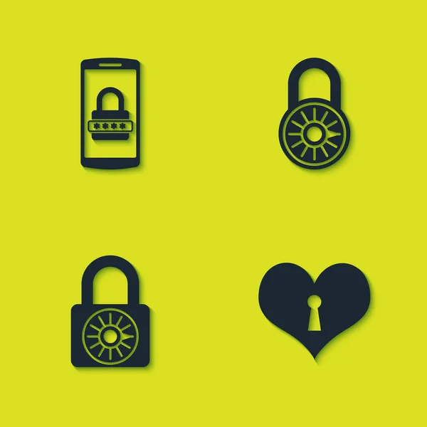 Set Mobile Password Heart Keyhole Safe Combination Lock Wheel Icon — Stock Vector