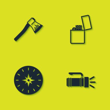 Tahta baltayı, feneri, pusulayı ve çakmak simgesini ayarla. Vektör.