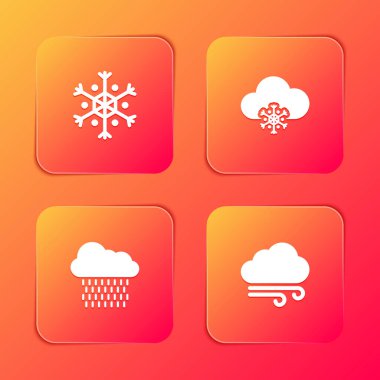 Kar Tanesi 'ni, Karlı Bulut' u, Yağmuru ve Rüzgarlı Hava ikonunu hazırla. Vektör.