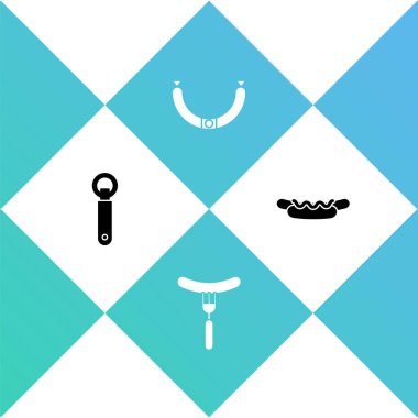 Şişe açacağını ayarla, çatalda sosis ve Hotdog sandviç ikonu. Vektör.