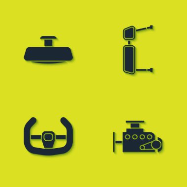 Araba aynası, motor, spor direksiyon ve kamyon yan ikonu ayarlayın. Vektör.