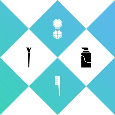 Makyaj fırçası, saç fırçası, aynalı toz ve krem kozmetik tüp ikonu hazırla. Vektör.