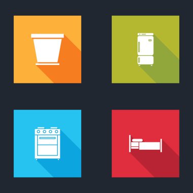 Çiçek saksısı, buzdolabı, fırın ve yatak ikonu. Vektör.