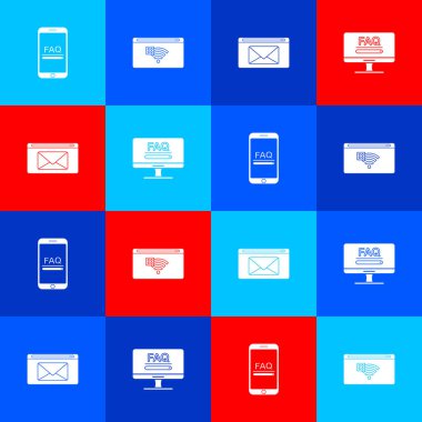 Mobil 'i SSS bilgisi ile ayarla, İnternet bağlantısı yok, e- posta ve e-posta ve Monitor simgesi. Vektör.
