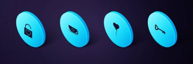 Isometric Key 'i kalp şeklinde, balon formunda, kahve fincanı ve kilit simgesini ayarlayın. Vektör.