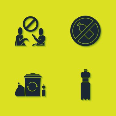 Plastik kirliliği durdur, bir şişe su, geri dönüşümlü geri dönüşüm kutusu ve şişe simgesi yok. Vektör.