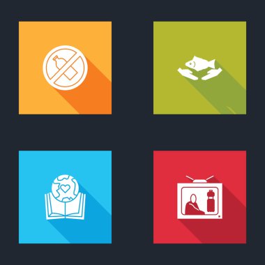 Plastik şişe yok, balık bakımı, toprak küresi, kitap ve kirliliği durdurma ikonu. Vektör.