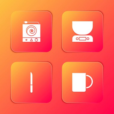 Elektrikli soba, elektronik teraziler, bıçak ve kahve bardağı ikonu. Vektör.