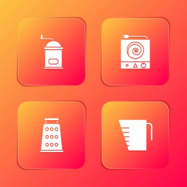 Elle kahve öğütücüsünü, elektrikli ocağı, rendeleyiciyi ve ölçü kabını ayarlayın. Vektör.