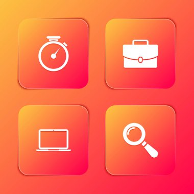 Kronometre, evrak çantası, dizüstü bilgisayar ve büyüteç simgesini ayarla. Vektör.