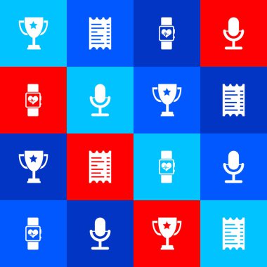 Kupa kupası, kağıt ya da mali çek, akıllı saat kalp atışı hızı ve mikrofon simgesi. Vektör.