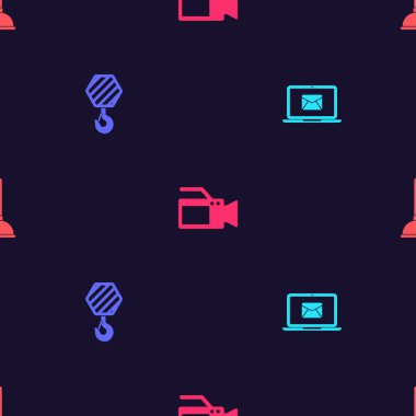 Laptop 'u zarf, endüstriyel kanca, sinema kamerası ve plastik pompayla kusursuz bir şablona ayarlayın. Vektör.