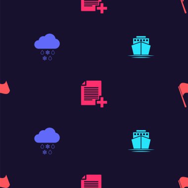 Ship, Cloud 'u kar ve yağmurla donatın, yeni dosya ekleyin ve kusursuz desen üzerine bayrak dikin. Vektör.