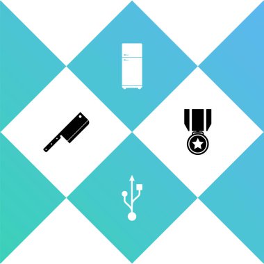 Et helikopterini, USB 'yi, buzdolabını ve madalyayı yıldız ikonuyla ayarla. Vektör.